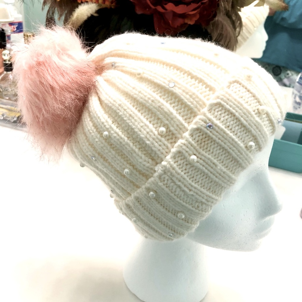 Faux Pearl and Sequins Beanie Hat W/ Pink PomPom